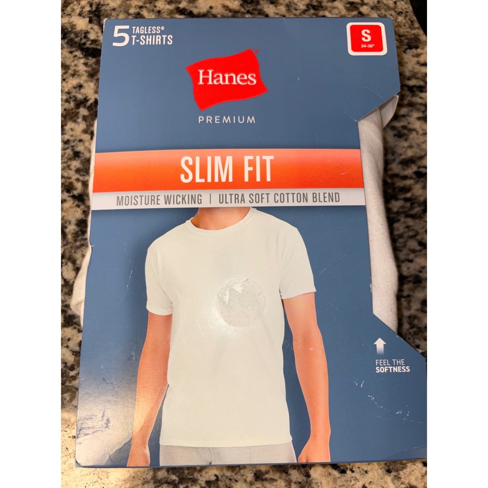 Hanes Premium Slim Fit Tagless T-Shirts 5 Pack White Mens Small 34-36 9PSCW5